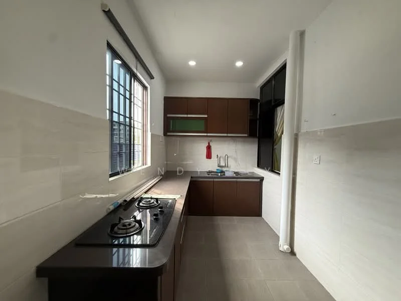 Kitchen features: brown wooden cabinetry, white tiled backsplash, black countertop, double-burner gas hob, stainless-steel sink, chrome pull-down faucet, window with black grille, grey tiled flooring; style: modern.