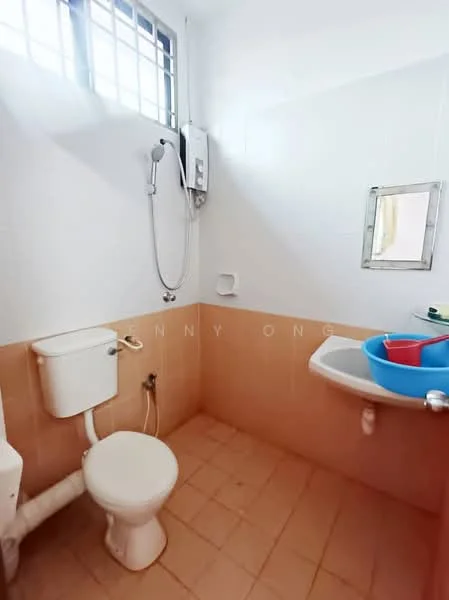 Bathroom features: white tiled walls, beige tiled flooring, one-piece toilet, shower with handheld showerhead, mirror above sink, sink with wall-mounted faucet, window for natural light, water heater unit.
