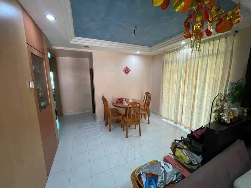 Dining features: white tiled flooring, cream painted walls, tray ceiling with blue paint, recessed downlights, wooden dining table with four chairs, sheer curtains, decorative chandelier, wall-mounted display cabinet, decorative wall art, potted plants; style: modern. Room features: cream painted walls, white tiled flooring.