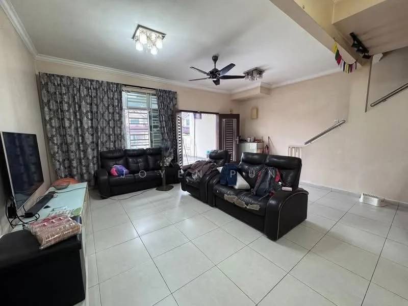 Living features: black leather sofas, 3-seater sofa, 2-seater sofa, flat-screen TV on console, ceiling fan, recessed ceiling lights, large windows with sheer curtains, white tiled flooring, light beige painted walls, sliding glass door leading to outdoor area, decorative wall with hanging items; style: modern.