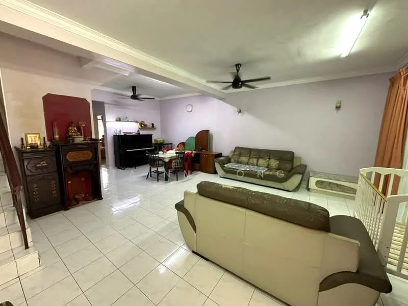 Living features: 3-seater leather sofa in cream, 2-seater fabric sofa in grey, white tiled flooring, ceiling fan, wall-mounted clock, wall-mounted TV, dining table with chairs, wooden cabinet, curtains in orange, decorative wall with red accent, staircase leading to upper floor, open layout; style: contemporary.