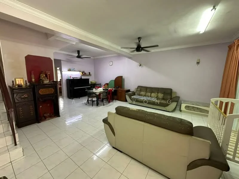 Living features: white painted walls, glossy white tile flooring, 5-blade ceiling fan, sofa in grey, coffee table, TV console, wall-mounted TV, decorative wall clock, curtains in orange, built-in shelving unit, area rug, light fixture on ceiling; style: contemporary.
