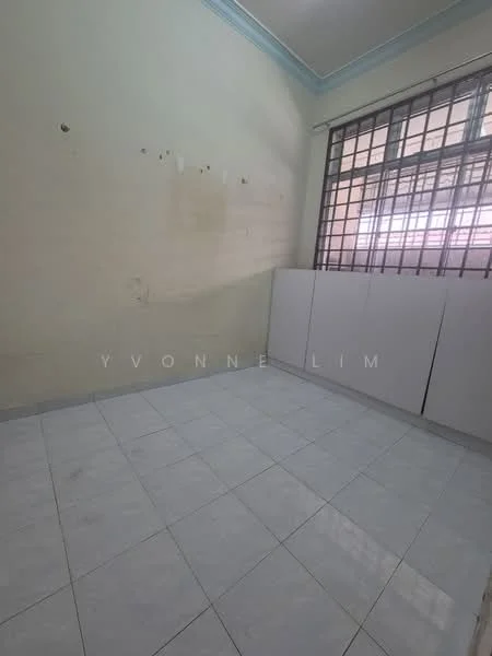 Room features: white painted walls, white tiled flooring, large window with metal grille, built-in cabinets, high ceiling, no visible furniture.