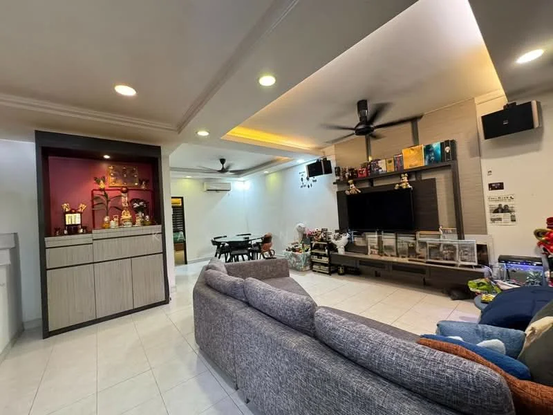 Living features: grey fabric L-shape sectional sofa, coffee table, wall-mounted TV, TV console with storage, recessed downlights, ceiling fan, white tiled flooring, decorative wall with shelves, wall-mounted speakers, open layout to dining area; style: modern. Dining features: 4-seater dining table, black dining chairs, wall-mounted air conditioning unit, decorative wall with artwork; style: modern.