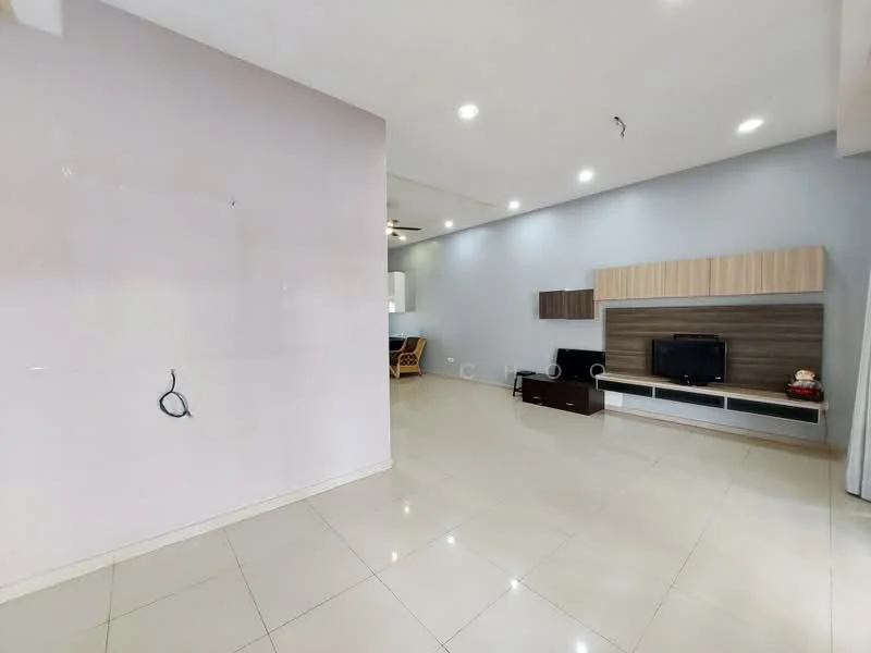 Living features: cream painted walls, white ceiling, recessed downlights, large floor tiles, TV console, wall-mounted TV, wooden cabinetry, sofa, ceiling fan; style: modern.