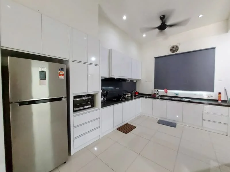 Kitchen features: white flat-panel cabinets, black countertop, stainless-steel fridge, built-in oven, stainless-steel sink, chrome pull-down faucet, ceramic tile flooring, 5-blade ceiling fan with light, window with roller blinds, kitchen appliances visible, matte black backsplash; style: modern.