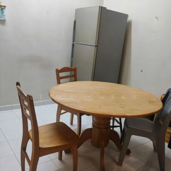Dining features: round wooden dining table, 3 wooden chairs, grey plastic chair, stainless-steel fridge, white tiled flooring, plain white walls.