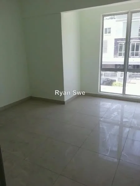 Room features: white painted walls, glossy ceramic tile flooring, floor-to-ceiling windows, natural light from window, neutral color scheme; style: modern; view: street.