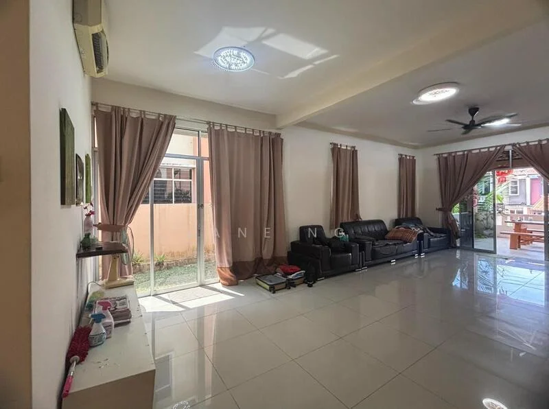 Living features: white painted walls, glossy ceramic tile flooring, 5-blade ceiling fan with light, floor-to-ceiling windows, sliding glass door, sheer curtains, black leather sofa, coffee table, decorative wall art, recessed downlights; style: modern; view: garden.