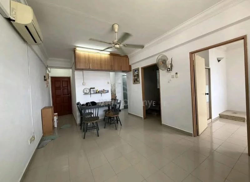 Living features: wall-mounted split AC, 5-blade ceiling fan, light-colored tiled flooring, white painted walls, wooden cabinetry, dining table with four chairs, doorway leading to hallway, doorway leading to another room; style: modern. Room features: light-colored tiled flooring, white painted walls, doorway leading to another room.