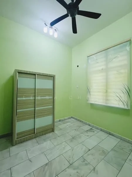 Bedroom features: green painted walls, marble tile flooring, 5-blade ceiling fan with light, built-in wardrobe with sliding doors, window with sheer curtains, natural light from window.