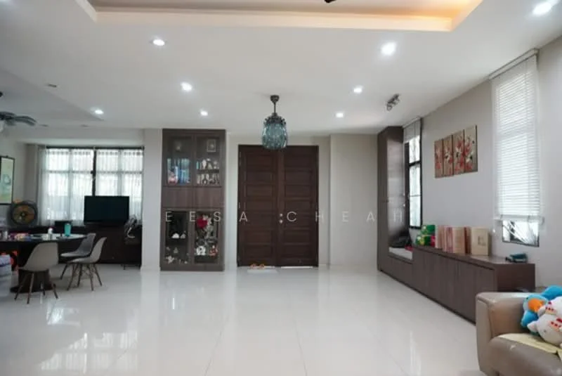 Living features: white painted walls, glossy tile flooring, recessed downlights, 5-blade ceiling fan, large windows with sheer curtains, wooden double doors, built-in cabinetry, decorative wall art, TV console, area rug, sofa, dining table with chairs; style: modern.