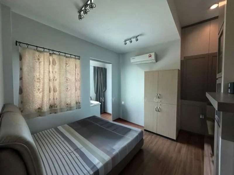 Bedroom features: queen-size bed, upholstered headboard, wooden flooring, light grey painted walls, curtains with floral pattern, wall-mounted split AC, built-in wardrobe, recessed ceiling lights; style: modern.