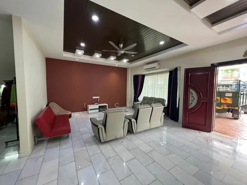 Living features: white marble flooring, red accent wall, wooden ceiling with recessed lighting, 5-blade ceiling fan, large windows with sheer curtains, sofa set with beige upholstery, glass coffee table, TV console, decorative wall panel, double-door entrance, air conditioning unit; style: modern.