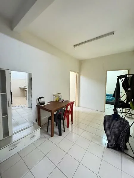 Room features: white painted walls, tile flooring, ceiling lights, dining table with two red chairs, mirror with storage, clothes drying rack, kettle, doorway leading to other rooms, window with natural light; style: minimalist.