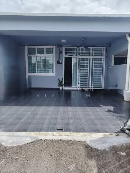 Room features: grey tiled flooring, light blue painted walls, large sliding glass door, window with horizontal slats, ceiling fan, potted plant, recessed lighting, wall-mounted light fixture; style: modern.