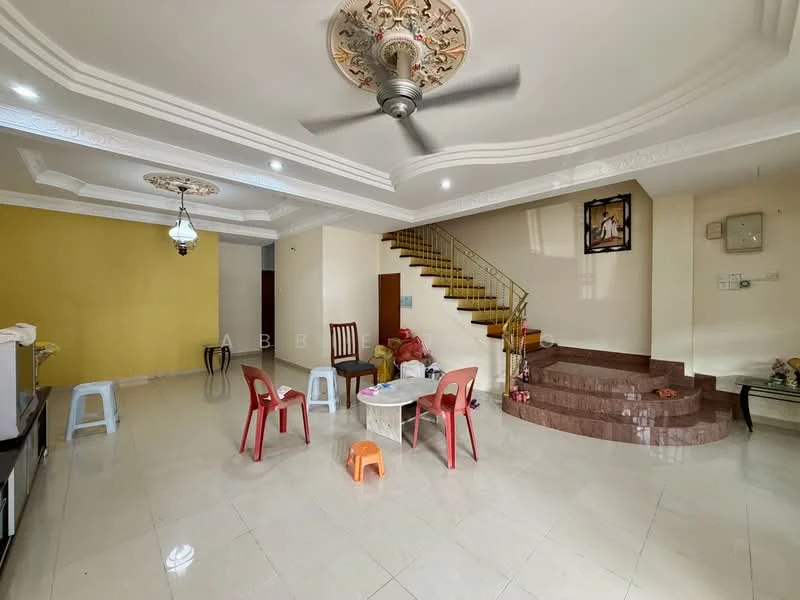 Living features: cream painted walls, yellow accent wall, polished tile flooring, tray ceiling with decorative moulding, ceiling fan, recessed downlights, staircase with wooden railing, wooden door, glass coffee table, plastic chairs, decorative wall art, open layout; style: modern.