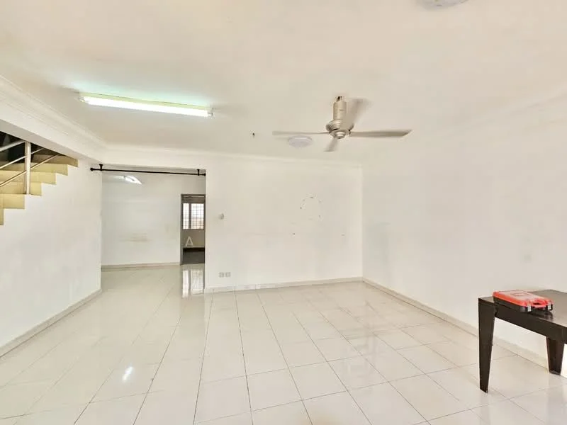 Living features: white painted walls, glossy ceramic tile flooring, ceiling fan, recessed ceiling lights, large window, open layout, staircase visible in background, minimalist decor, no furniture; style: minimalist.