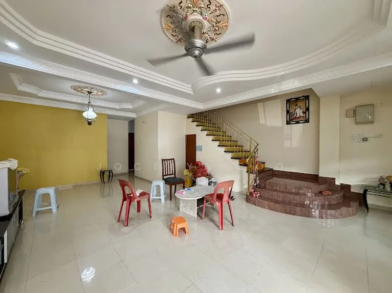 Living features: cream painted walls, yellow accent wall, marble tile flooring, tray ceiling with decorative molding, ceiling fan with light, staircase with wooden railing, wall-mounted artwork, dining table with chairs, small coffee table, decorative plants, open layout; style: modern.