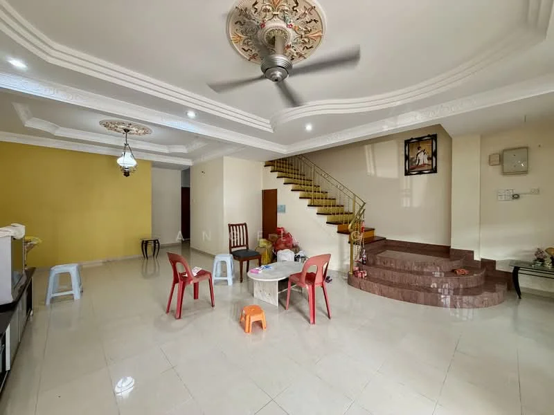 Living features: cream painted walls, yellow accent wall, polished ceramic tile flooring, tray ceiling with decorative moulding, ceiling fan, recessed downlights, staircase with wooden steps, glass coffee table, plastic chairs, decorative wall art, open space layout; style: modern.