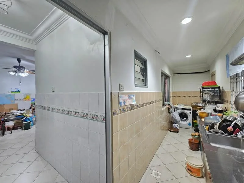 Laundry features: white painted walls, cream tiled walls, ceramic tile flooring, washing machine, sink, countertop, kitchen cabinets, overhead storage, recessed downlights. Room features: white painted walls, cream tiled flooring, ceiling fan.