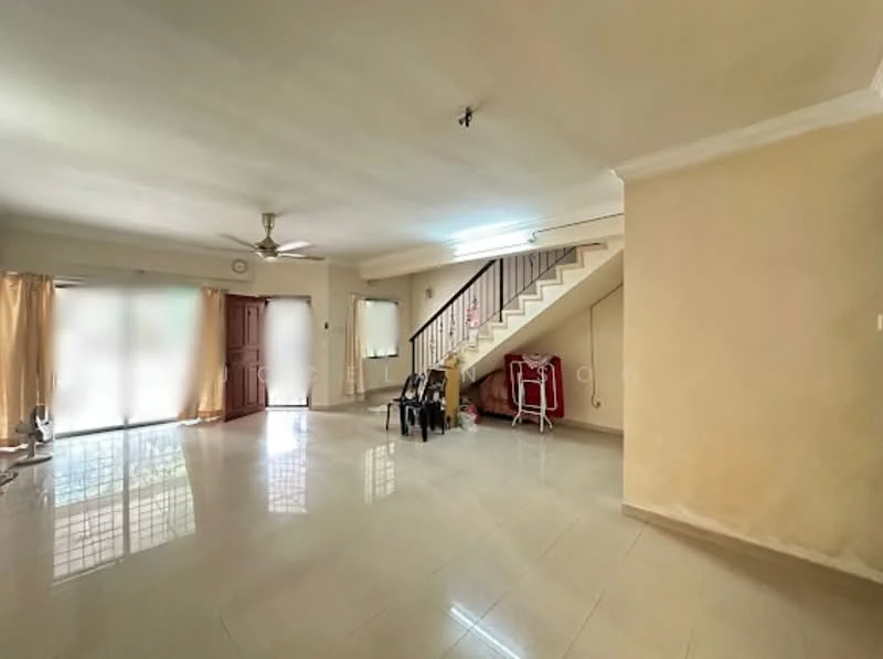 Living features: cream painted walls, white ceiling, marble tile flooring, 5-blade ceiling fan, floor-to-ceiling windows, sliding glass door, curtains, staircase with white railing, decorative wall mirror, open space layout; style: modern; view: garden.