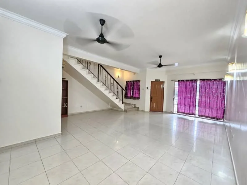 Living features: white painted walls, glossy ceramic tile flooring, 5-blade ceiling fan with light, large sliding glass door, purple sheer curtains, staircase with metal railing, built-in shelving unit, recessed lighting; style: modern.