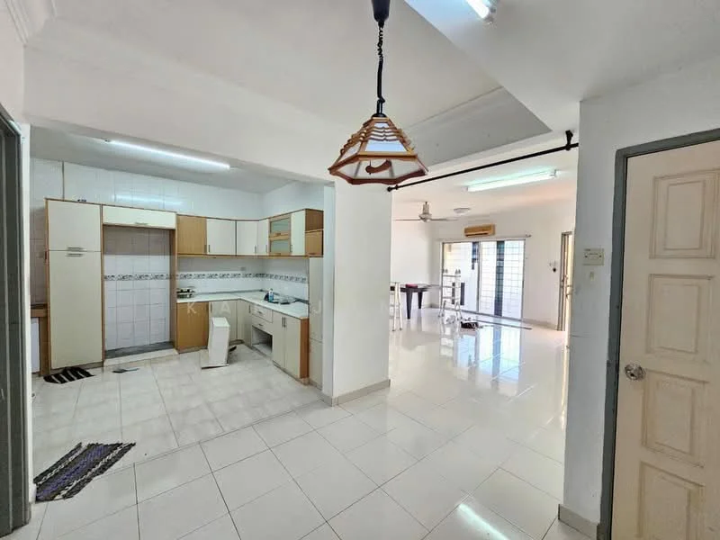 Kitchen features: white tiled walls, cream cabinetry, stainless-steel sink, chrome pull-down faucet, white countertop, built-in oven, freestanding range oven, ceramic tile flooring, recessed downlights; style: modern. Living features: white painted walls, ceramic tile flooring, ceiling fan, sliding glass door, natural light from windows, dining table, chairs; style: modern.