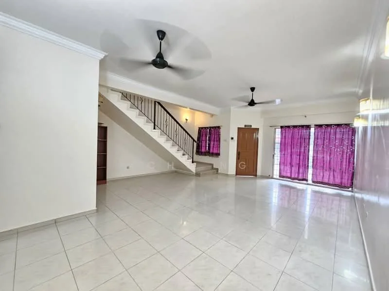 Living features: white painted walls, ceramic tile flooring, 5-blade ceiling fan, large sliding glass doors, purple sheer curtains, staircase with metal railing, built-in shelving unit, recessed lighting; style: modern.