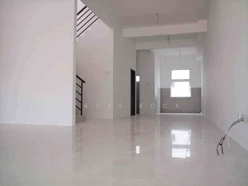 Room features: white painted walls, polished ceramic tile flooring, open space layout, staircase with wooden railing, large window, ceiling with exposed wiring, high ceiling, neutral color palette; style: modern.