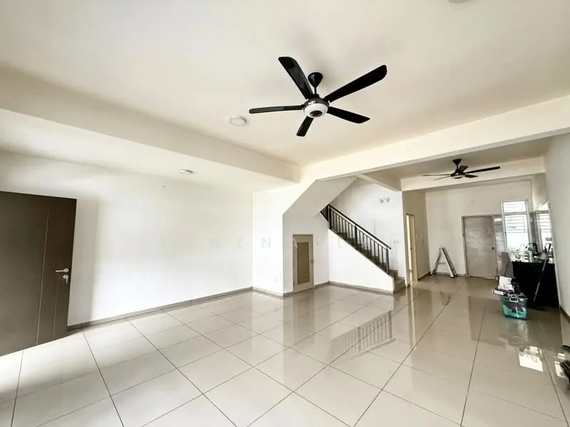 Living features: white painted walls, polished ceramic tile flooring, 2 ceiling fans, staircase with wooden railing, large windows for natural light, open layout, neutral color scheme, corner for potential furniture placement; style: modern.