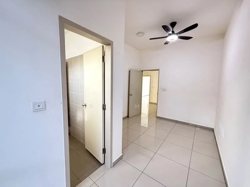 Room features: white painted walls, glossy ceramic tile flooring, 5-blade ceiling fan with light, doorway leading to bathroom, doorway leading to another room, neutral color scheme, recessed ceiling lights; style: modern.