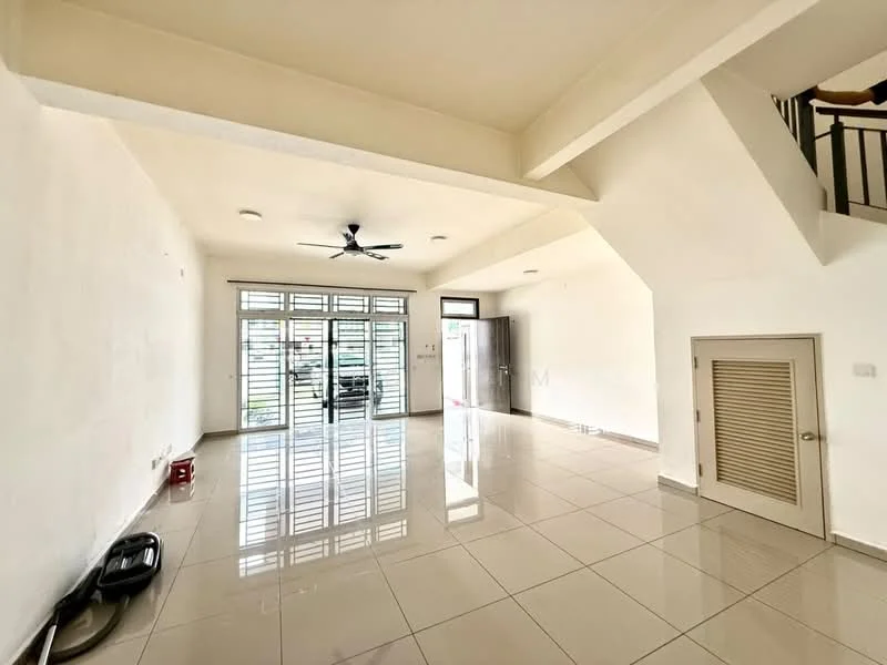 Living features: white painted walls, polished ceramic tile flooring, 5-blade ceiling fan, floor-to-ceiling windows, sliding glass door, natural light from windows, open layout, staircase visible, built-in storage cabinet; style: modern.