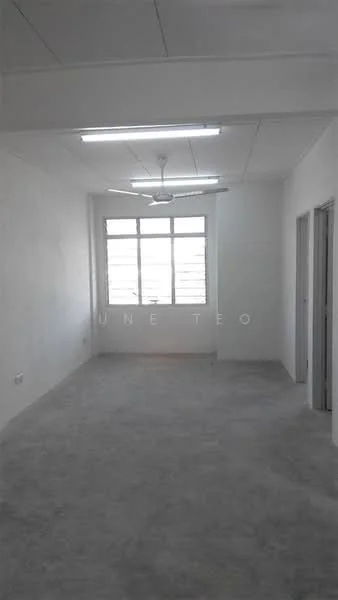 Room features: white painted walls, grey carpet flooring, ceiling fan, large windows, multiple doorways, flush ceiling lights.