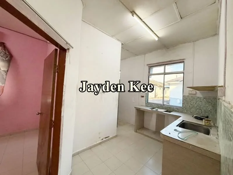Kitchen features: single-bowl stainless-steel sink, chrome pull-down faucet, countertop with tiled backsplash, white walls, tile flooring, window for natural light, kitchen cabinetry, open layout. Room features: pink painted walls, doorway leading to another room, light fixture on ceiling.