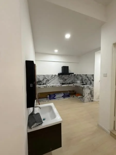 Laundry features: white painted walls, marble backsplash, light wood flooring, single-bowl sink, dark wood cabinet, recessed downlights, open shelving, utility area with countertop; style: modern.