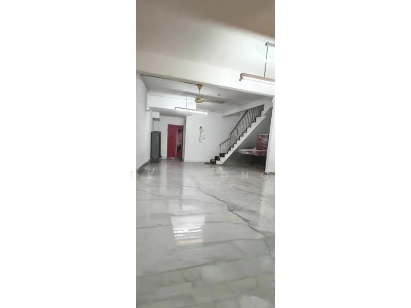 Room features: marble flooring, white walls, ceiling fan, staircase, open layout, natural light, doorway, window, light fixtures; style: modern.