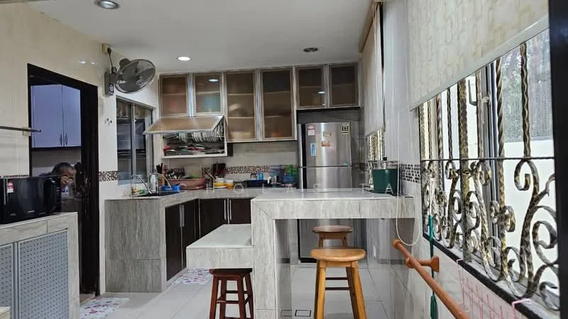 Kitchen features: stainless-steel fridge, built-in oven, 4-burner gas hob, stainless-steel range hood, laminate countertop, wooden cabinetry with glass fronts, bar seating with two wooden stools, ceramic tile flooring, wall-mounted split AC, window with security bars, kitchen sink, decorative wall tiles, open shelving, kitchen island; style: modern; view: garden.