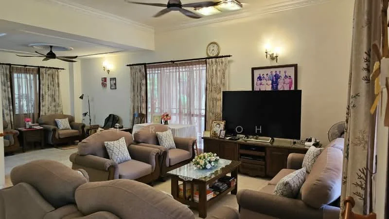 Living features: 2-seater fabric sofa in beige, 3-seater fabric sofa in beige, coffee table with glass top, wall-mounted TV, TV console, floor-to-ceiling windows with sheer curtains, ceiling fan, decorative wall clock, framed photographs on wall, area rug, wooden side tables, upholstered armchairs; style: contemporary.