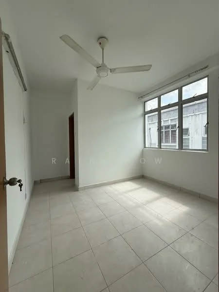 Room features: white painted walls, tile flooring, 5-blade ceiling fan, floor-to-ceiling windows, natural light, corner room, no visible furniture, neutral color scheme; style: minimalist.