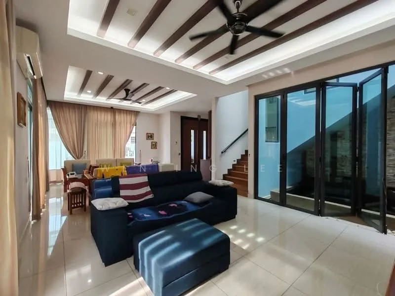 Living features: sofa in navy blue fabric, ottoman in navy blue fabric, wooden coffee table, 5-blade ceiling fan with light, recessed downlights, wooden ceiling beams, cream painted walls, large glass sliding doors, curtains in beige, tile flooring, decorative wall art, staircase with wooden steps; style: modern.