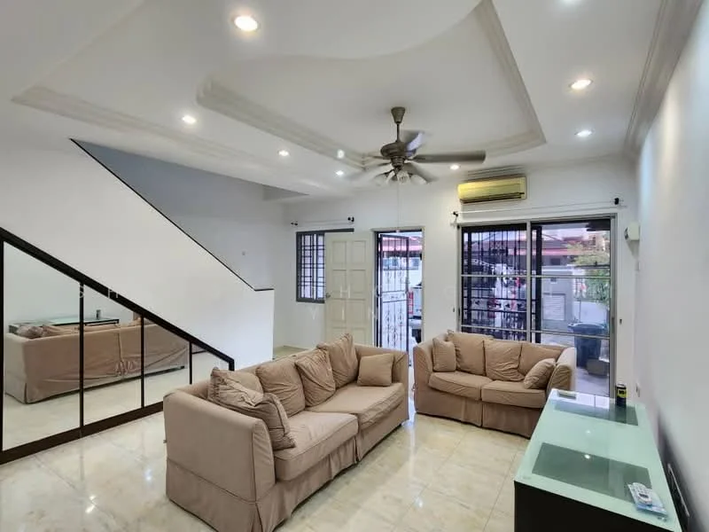 Living features: 5-blade ceiling fan with light, recessed downlights, cream painted walls, white ceiling with crown moulding, marble tile flooring, 2 beige fabric sofas, glass coffee table, large mirror on wall, floor-to-ceiling windows, sliding glass door, curtains, air conditioning unit; style: modern; view: garden.