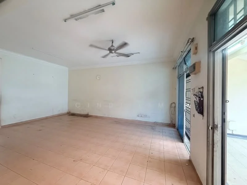 Room features: white painted walls, tile flooring, ceiling fan, window with security grille, door leading outside.