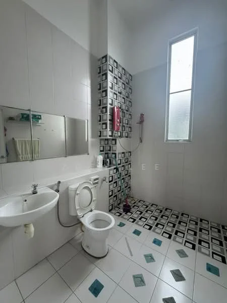 Bathroom features: white tiled walls, black and white patterned floor tiles, single-sink vanity with mirror, toilet, shower area with glass partition, wall-mounted shower head, towel rack, window for natural light; style: modern.