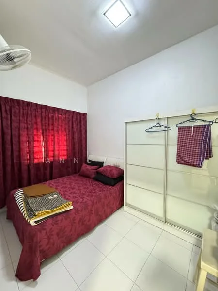 Bedroom features: queen-size bed with red floral bedding, white tiled flooring, red curtains, white walls, ceiling fan, built-in wardrobe with sliding doors, hanging clothes rack, decorative throw blankets.
