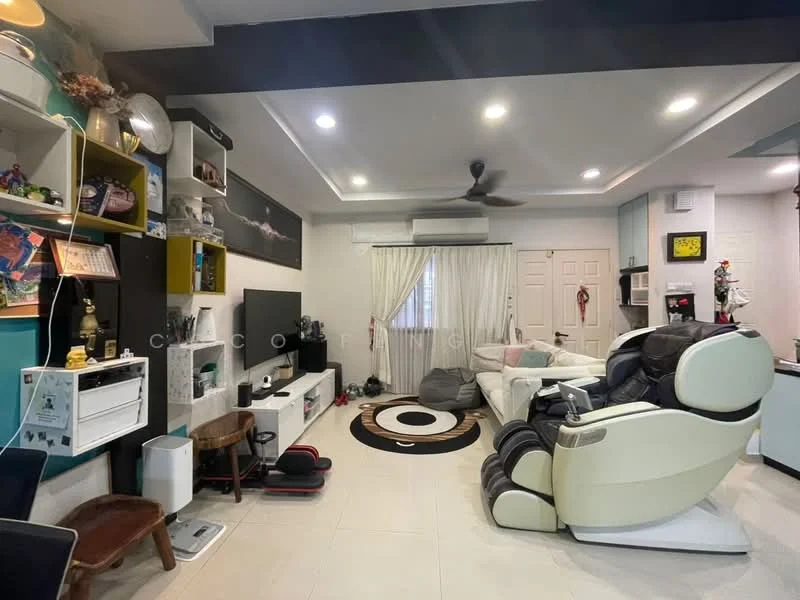Living features: white walls, grey accent wall, recessed ceiling with LED lights, 5-blade ceiling fan, large window with sheer curtains, light-colored sofa, black and white area rug, entertainment unit with TV, decorative shelving with plants and artwork, bean bag chair, massage chair, wooden side table, tile flooring; style: modern.
