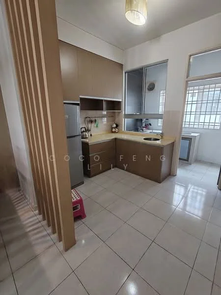 Kitchen features: L-shaped countertop, cream laminate countertop, single-bowl stainless-steel sink, chrome pull-down faucet, built-in cabinets with wood finish, stainless-steel fridge, built-in oven, ceramic tile flooring, white walls, window with grid pattern, light fixture with shade; style: modern.