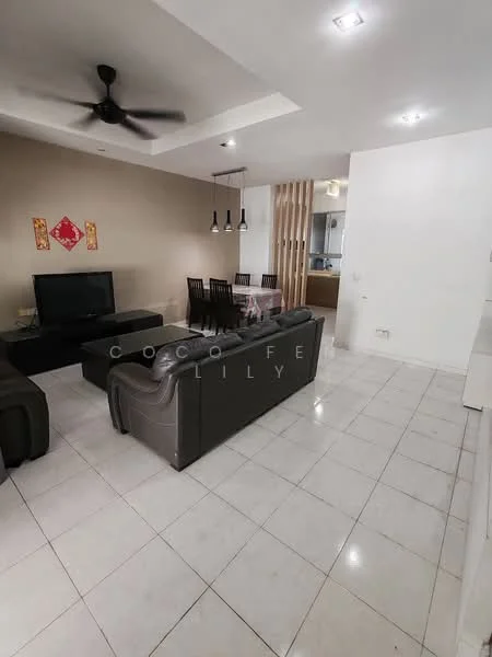 Living features: 3-seater leather sofa in black, 2-seater leather sofa in black, coffee table, wall-mounted TV, ceiling fan with light, white tiled flooring, recessed downlights, decorative wall art, open layout to dining area; style: modern. Dining features: 6-seater dining table, wooden dining chairs, pendant lighting above table, open layout to living area; style: modern.