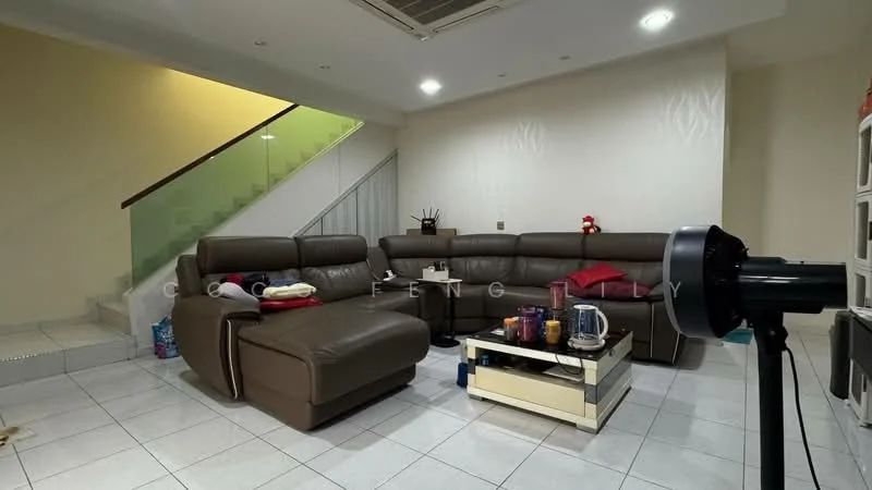 Living features: L-shape sectional leather sofa in brown, coffee table with glass top, wall-mounted TV, decorative wall with textured finish, white painted walls, tile flooring, recessed ceiling lights, air conditioning unit, open space leading to staircase; style: modern.