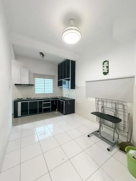 Kitchen features: black cabinetry, white countertop, stainless-steel sink, chrome pull-down faucet, built-in gas hob, built-in oven, white tiled backsplash, white walls, white ceiling, recessed downlights, floor-to-ceiling window, white ceramic tile flooring, folding table, window treatments; style: modern.